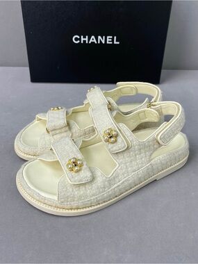 CHANEL Cream Tweed Sandals with Gold Flower Accents